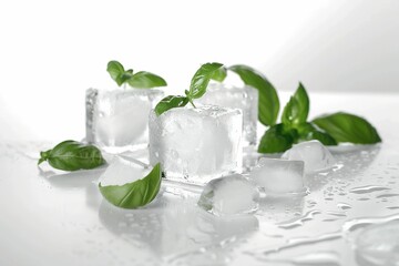 Wall Mural - Ice cube  Ice cubes and basil leaves isolated on white background