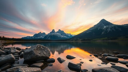 Wall Mural - Serene mountain lake at sunset with a stunning view.