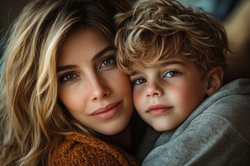 Mother cuddling son after talk in his room at home, Generative AI