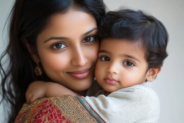 Wall Mural - Indian pretty young mother and little boy or son embracing on white background, Generative AI