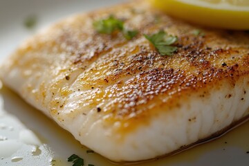 Wall Mural - A piece of fish is served with parsley and lemon slices