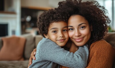 mom embraces and kiss son sitting on couch in living room, Generative AI