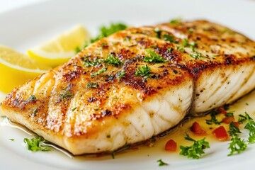 Wall Mural - A piece of fish is served with parsley and lemon slices