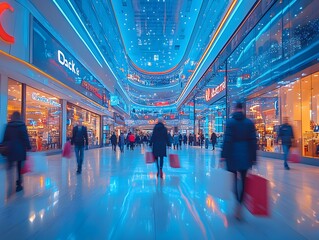 A wide shot of a modern shopping center filled with people moving in all directions, carrying bags and packages. The center is decorated for Black Friday, with large sale signs and colorful lights.