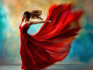 Wall Mural - Elegant Woman in Flowing Red Dress Dancing Gracefully Against Colorful Abstract Background