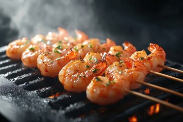 Wall Mural - A skewer of shrimp is being cooked on a grill