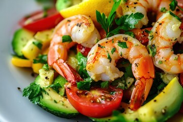 Wall Mural - A plate of shrimp and vegetables with a lime wedge on the side