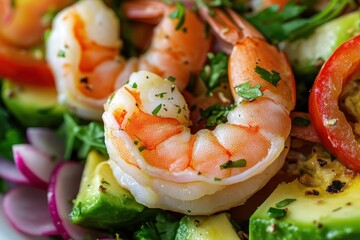 Wall Mural - A plate of shrimp and vegetables with a lime wedge on the side