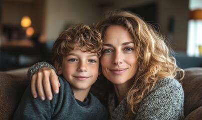 mom embraces and kiss son sitting on couch in living room, Generative AI