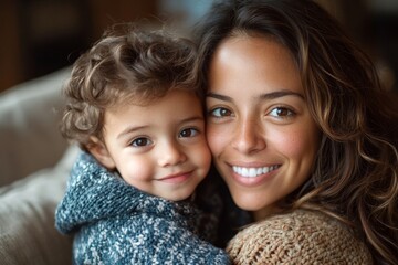 Portrait of a young Hispanic Mother and her son, Generative AI