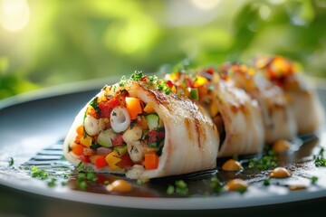 Wall Mural - A plate of food with a roll of meat and vegetables on it