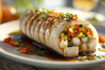 Wall Mural - A plate of food with a roll of meat and vegetables on it