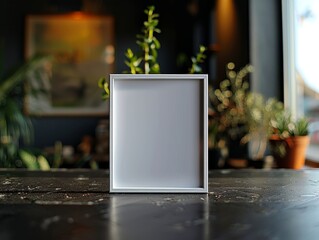 close up of one small single empty white poster frame in the middle in a modern black room, which sits on a table with a black wall in the background and 