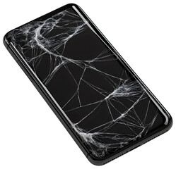 Cracked smartphone screen with shattered glass display, isolated and damaged smashed device awaiting fix to repair broken phone technology and communication equipment