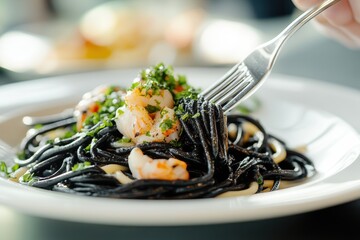 Wall Mural - A plate of spaghetti with shrimp and cheese on top