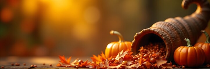 Canvas Print - A cornucopia with red berries, pumpkins, and autumn leaves on a wooden surface under warm sunlight