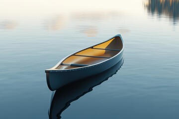 A small wooden boat is floating on a calm lake