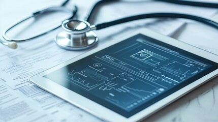 Close-up of a stethoscope and digital tablet displaying electronic medical records, highlighting digital healthcare advancements