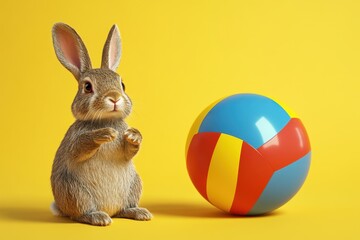 Wall Mural - A rabbit is standing next to a yellow and pink beach ball