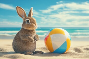 Wall Mural - A rabbit is standing next to a yellow and pink beach ball