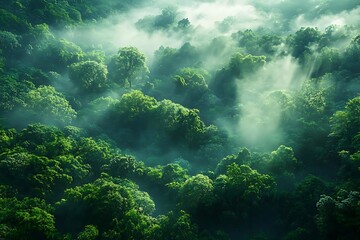 Wall Mural - Forest Canopy with Mist - Aerial View - Lush Green Trees - Nature Background