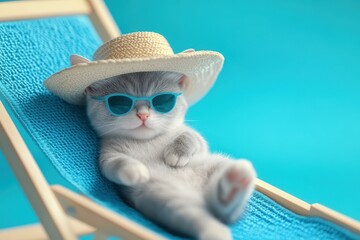 Wall Mural - A cat wearing a straw hat is relaxing on a beach chair