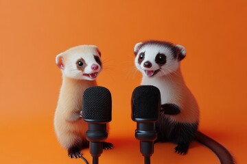 Wall Mural - Two raccoons holding microphones and a brush