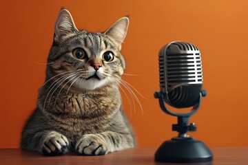 Wall Mural - A cat is sitting on a table with a microphone in front of it