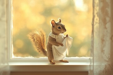 Canvas Print - A squirrel is wearing a dress and holding a piece of clothing