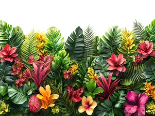 Wall Mural - Tropical Floral Border Illustration with Lush Green Leaves and Vibrant Flowers