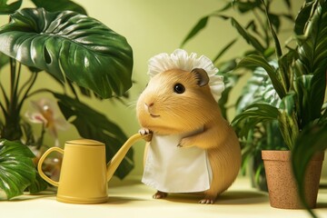 A small brown and white hamster is wearing a white apron