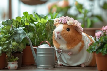 Poster - A small brown and white hamster is wearing a white apron