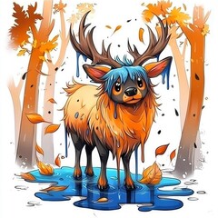 Canvas Print - Cute Cartoon Deer Covered in Blue Paint Standing in a Puddle