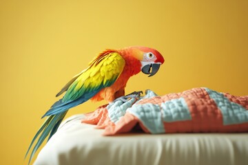 A colorful parrot is perched on a bedspread