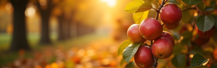 Wall Mural - a cluster of ripe red apples on a tree branch, with a warm, sunlit autumn forest in the background
