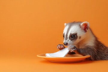 Wall Mural - A cartoon of a white and black animal with a fork in its mouth