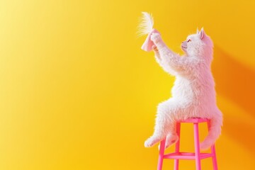 Wall Mural - A white cat sitting on a pink stool with a pink brush in its mouth