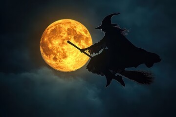 Wall Mural - A witch is flying on a broomstick over a large, glowing moon