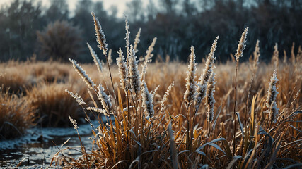 Canvas Print - Frost covered reeds in winter landscape background