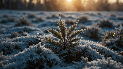 Poster - Frosty mornings on snowy landscape winter landscape background