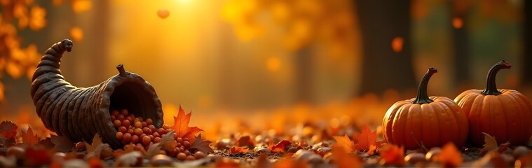 Canvas Print - Close-up of pumpkins on the ground with autumn leaves and acorns, bathed in warm sunlight