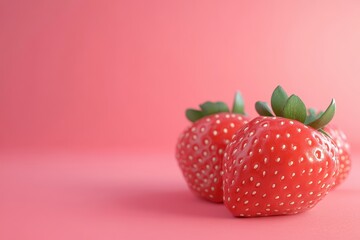 Wall Mural - A row of red strawberries on a pink background