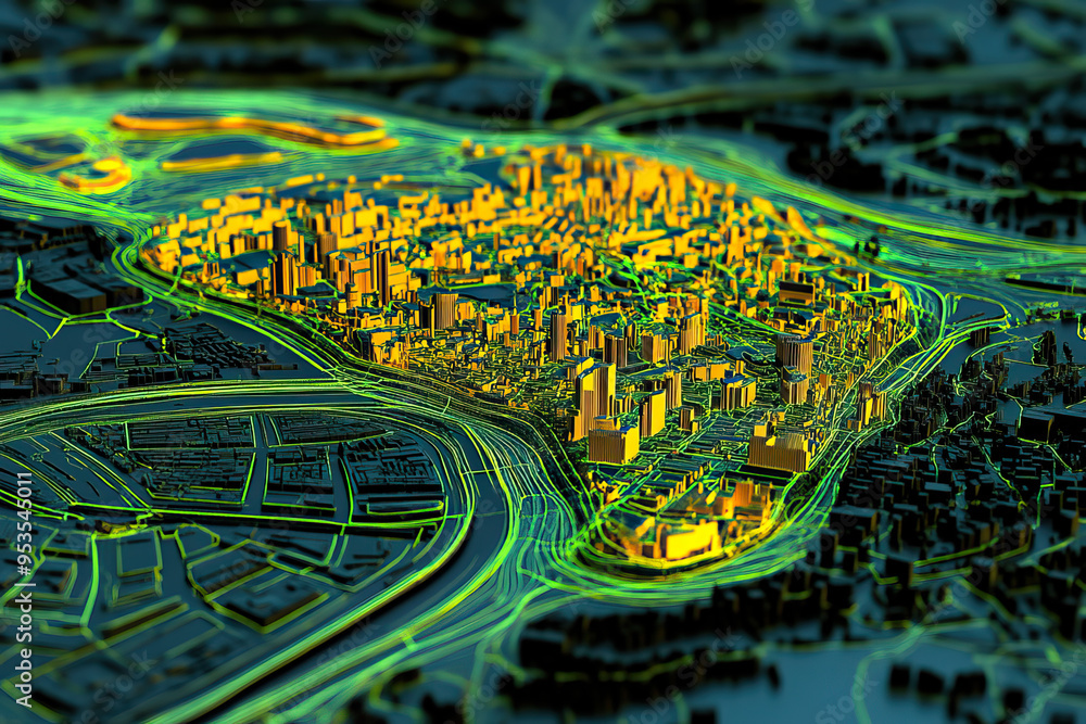 Technical aerial visual, 3D LiDAR GIS aerial map satellite scan model ...