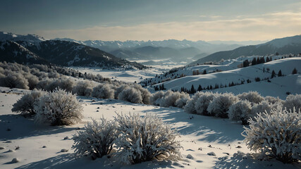 Poster - Snow covered valleys in winter landscape background