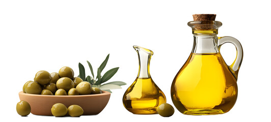 Canvas Print - Olive oil set. Glass bottle of olive oil with olives. A drop of olive oil close-up. Isolated on a transparent background. 