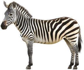 Isolated zebra, with black and white stripes, standing in a zoo or safari in Africa, animal with a unique pattern, standing against a natural wildlife transparent background, side view, full length