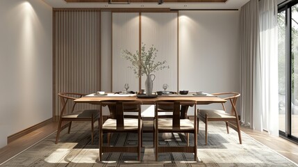 Wall Mural - A simple yet elegant dining table showcases a modern Chinese design highlighted by cool tones and natural light, ideal for family meals or entertaining guests in a serene setting.