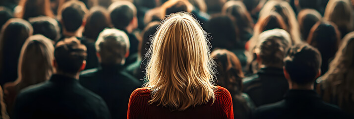 Poster - Stand out from the crowd concept with blonde woman standing out from large crowd of people