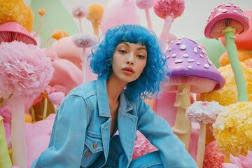 A high-fashion photoshoot in a vibrant future world with a model in a denim suit, bold blue hair, and a whimsical backdrop of oversized pastel flowers and colorful mushrooms