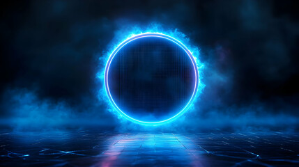 Futuristic Blue Neon Circle Portal in Smoke with Grid Floor